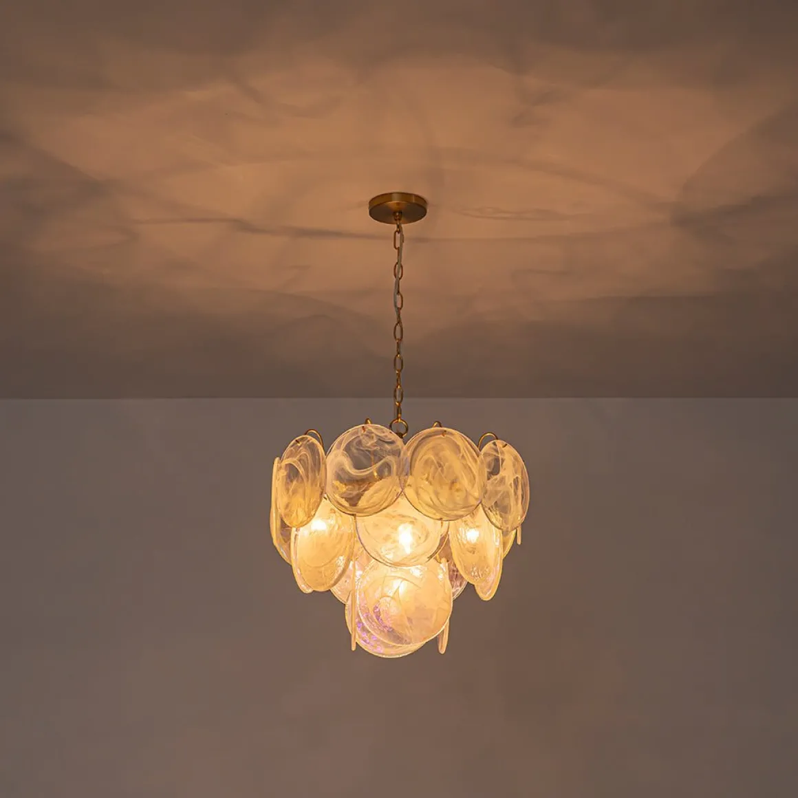 Glam White Iridescent Swirl Glass Round Tiered Chandelier