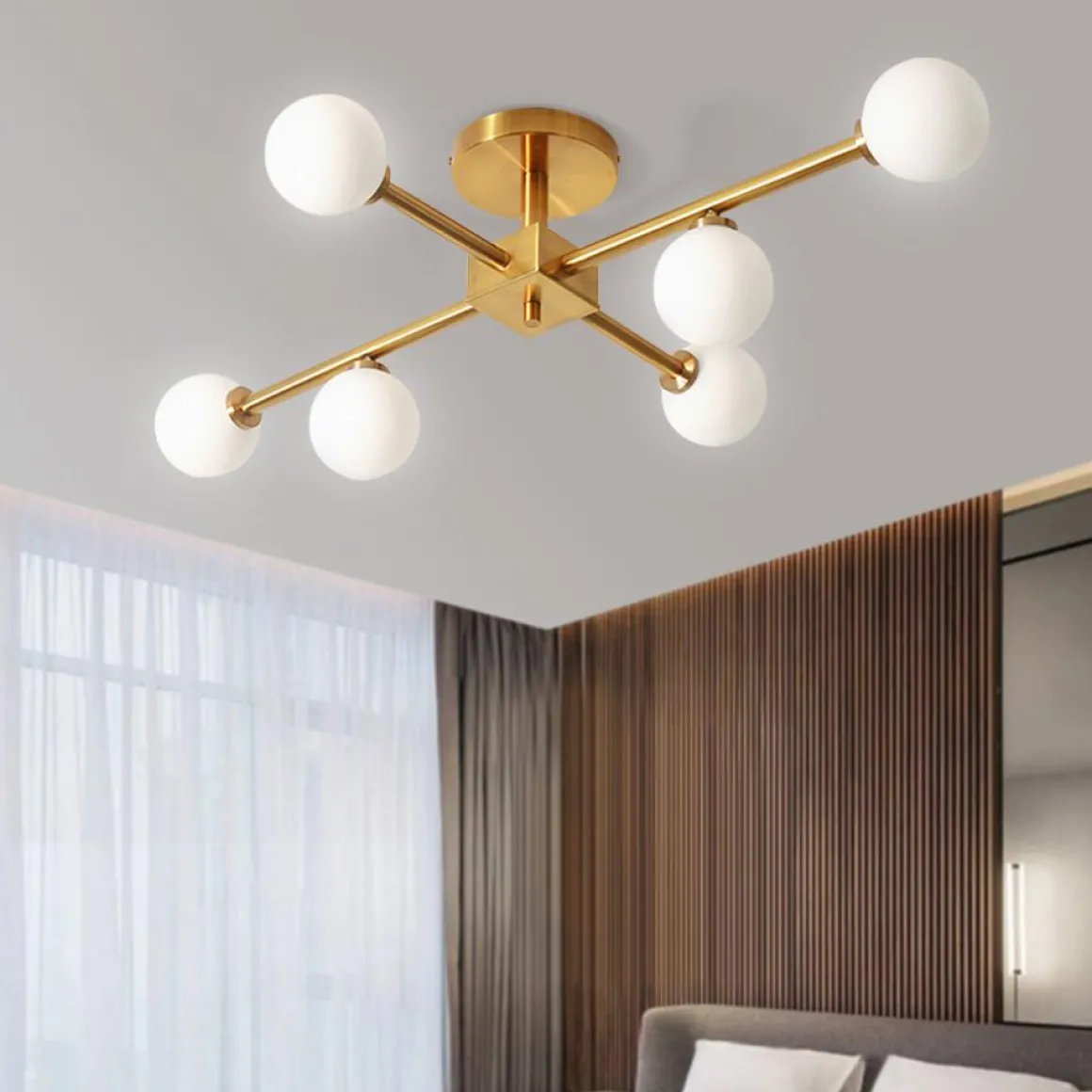 Gold Sputnik Frosted Glass Globe Semi Flush Mount Chandelier