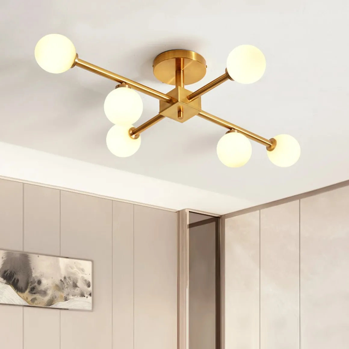 Gold Sputnik Frosted Glass Globe Semi Flush Mount Chandelier