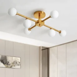 Gold Sputnik Frosted Glass Globe Semi Flush Mount Chandelier