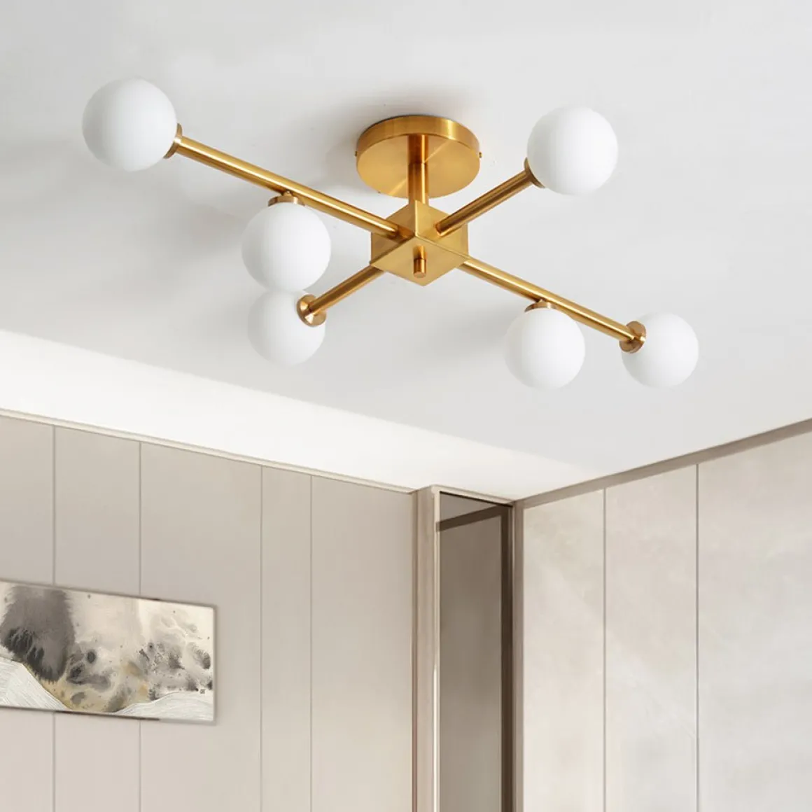 Gold Sputnik Frosted Glass Globe Semi Flush Mount Chandelier