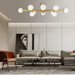 Gold Sputnik Frosted Glass Globe Semi Flush Mount Chandelier