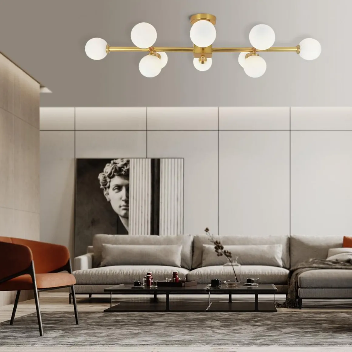 Gold Sputnik Frosted Glass Globe Semi Flush Mount Chandelier
