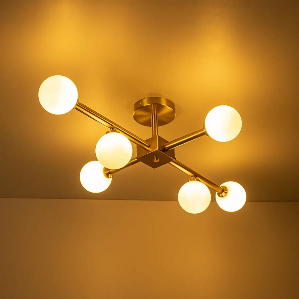 Gold Sputnik Frosted Glass Globe Semi Flush Mount Chandelier