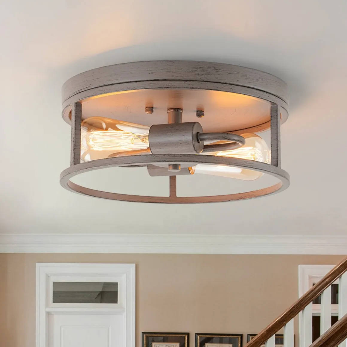 Grey Wood Grain Drum Cage Flush Mount Ceiling Light