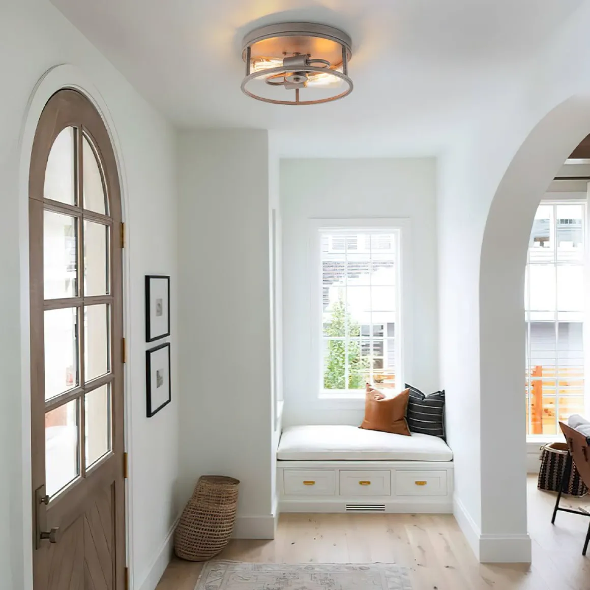 Grey Wood Grain Drum Cage Flush Mount Ceiling Light