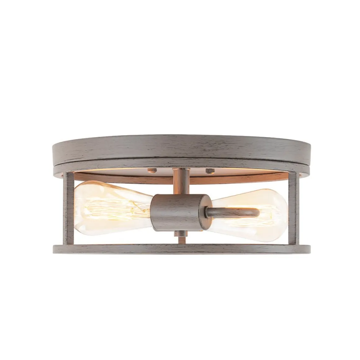 Grey Wood Grain Drum Cage Flush Mount Ceiling Light