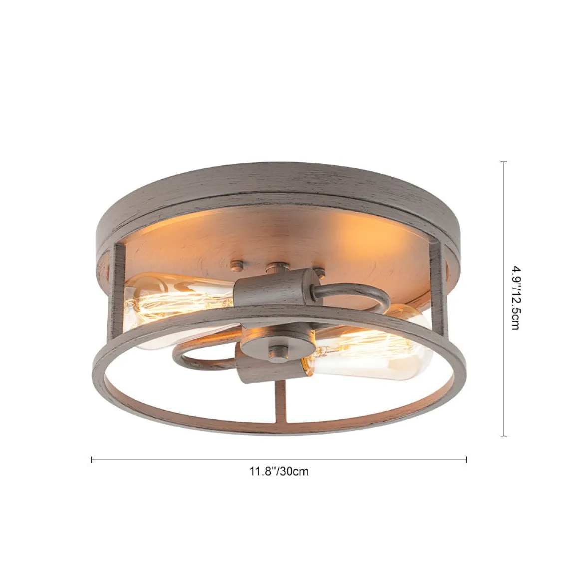 Grey Wood Grain Drum Cage Flush Mount Ceiling Light
