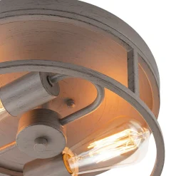 Grey Wood Grain Drum Cage Flush Mount Ceiling Light