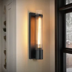 Industrial Black Reeded Glass Linear Tube Wall Light