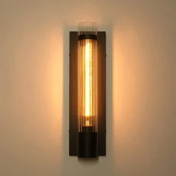 Industrial Black Reeded Glass Linear Tube Wall Light
