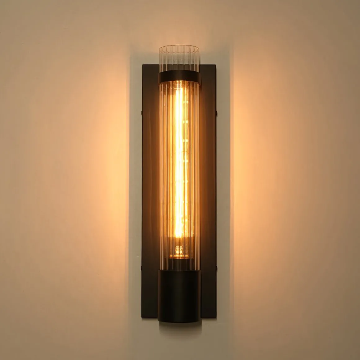 Industrial Black Reeded Glass Linear Tube Wall Light