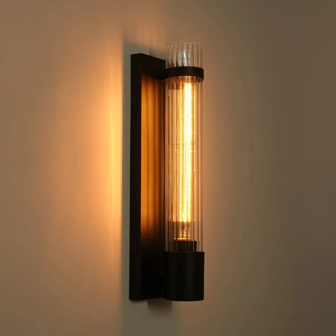 Industrial Black Reeded Glass Linear Tube Wall Light
