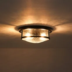 Industrial Black Round Crackled Glass Flush Mount Light