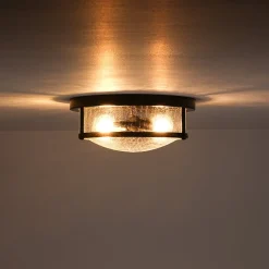 Industrial Black Round Crackled Glass Flush Mount Light