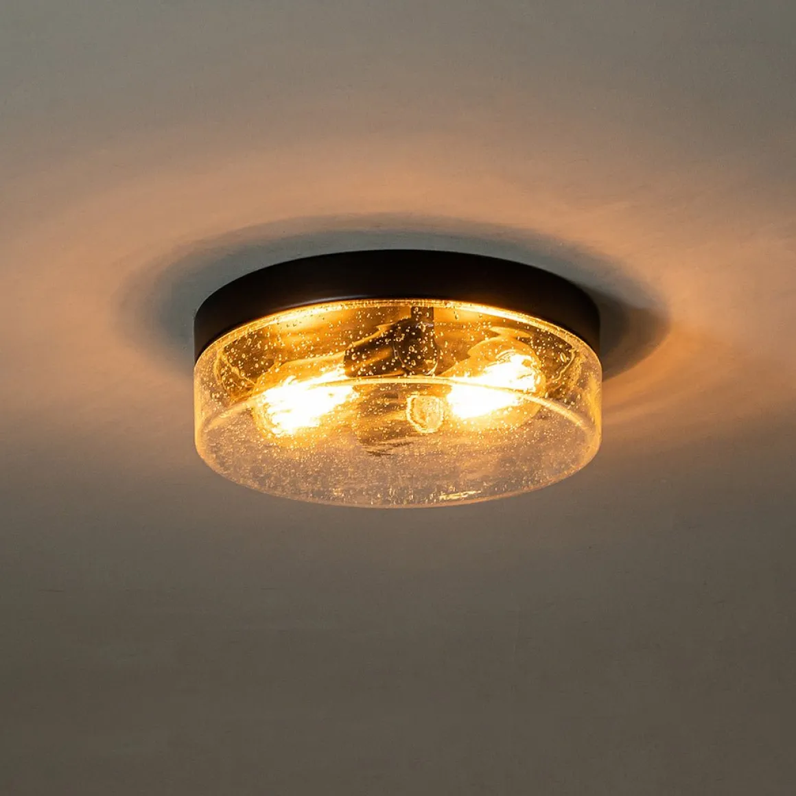 Industrial Black Round Seeded Glass Flush Mount Light
