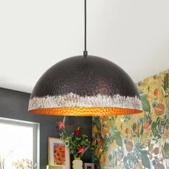Industrial Dark Rusty Hammered Metal Dome Pendant