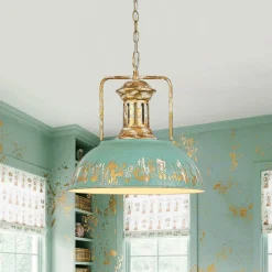Industrial Farmhouse Distressed Teal Gold Metal Dome Pendant