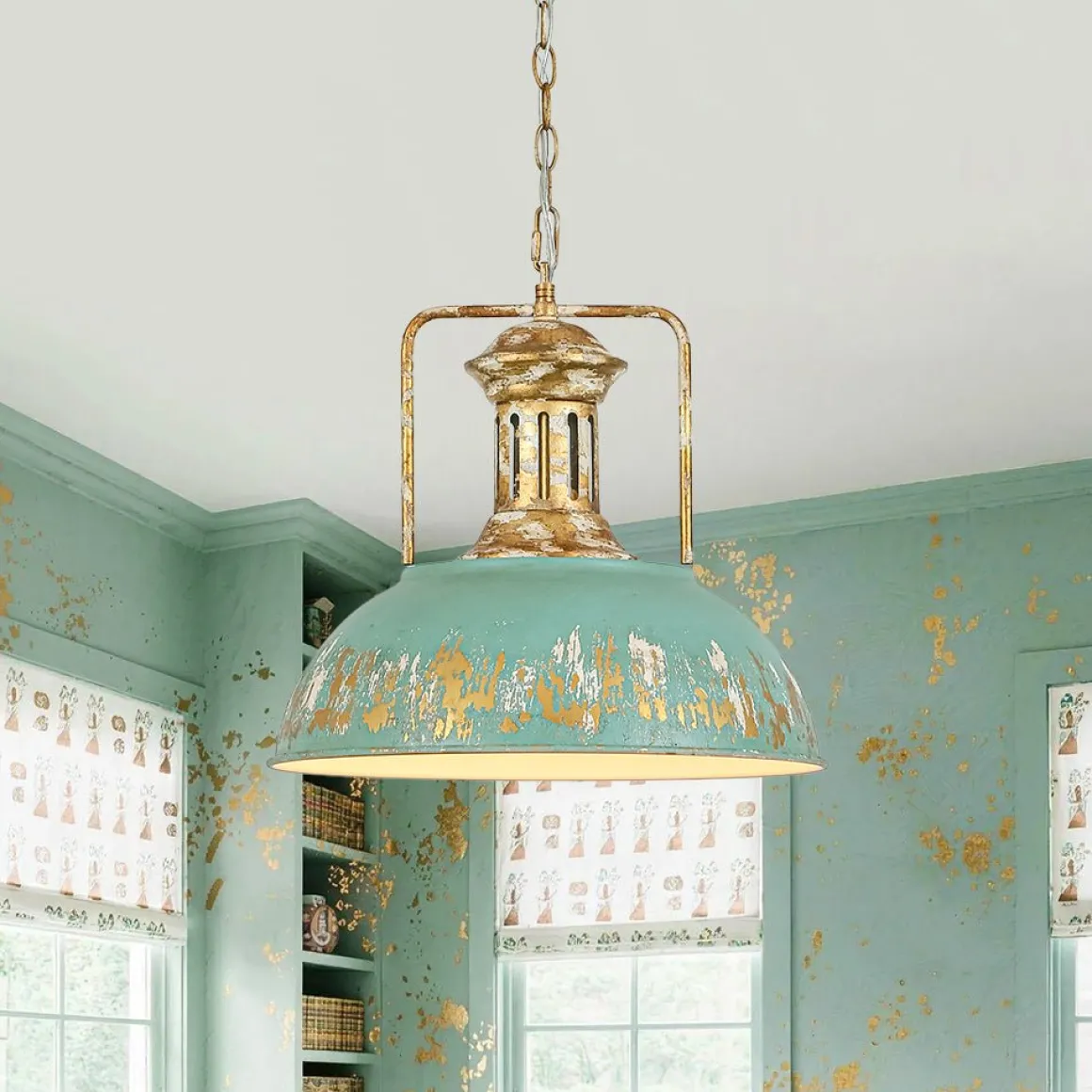 Industrial Farmhouse Distressed Teal Gold Metal Dome Pendant