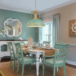 Industrial Farmhouse Distressed Teal Gold Metal Dome Pendant
