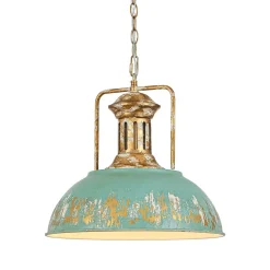 Industrial Farmhouse Distressed Teal Gold Metal Dome Pendant
