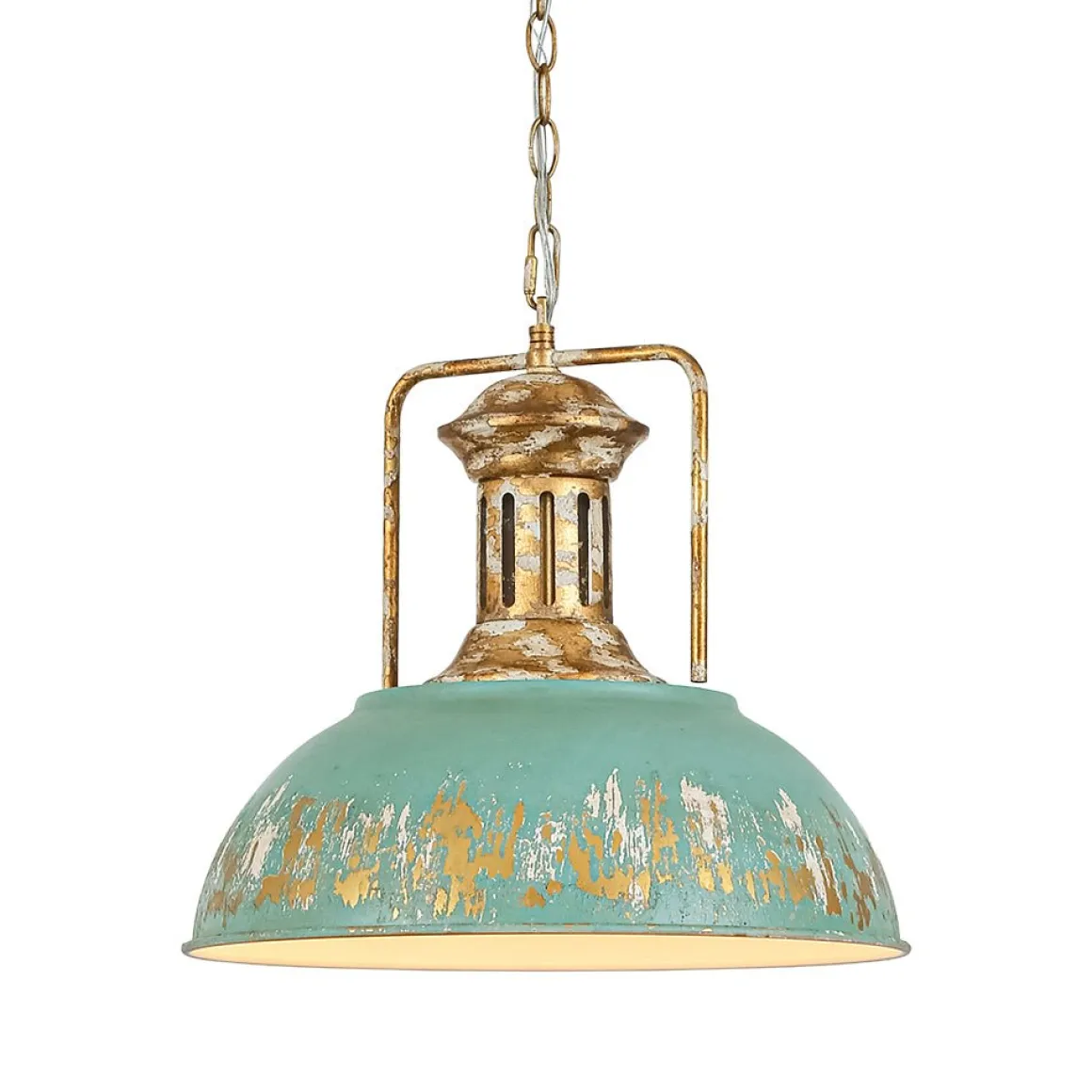 Industrial Farmhouse Distressed Teal Gold Metal Dome Pendant