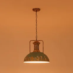 Industrial Farmhouse Distressed Teal Gold Metal Dome Pendant
