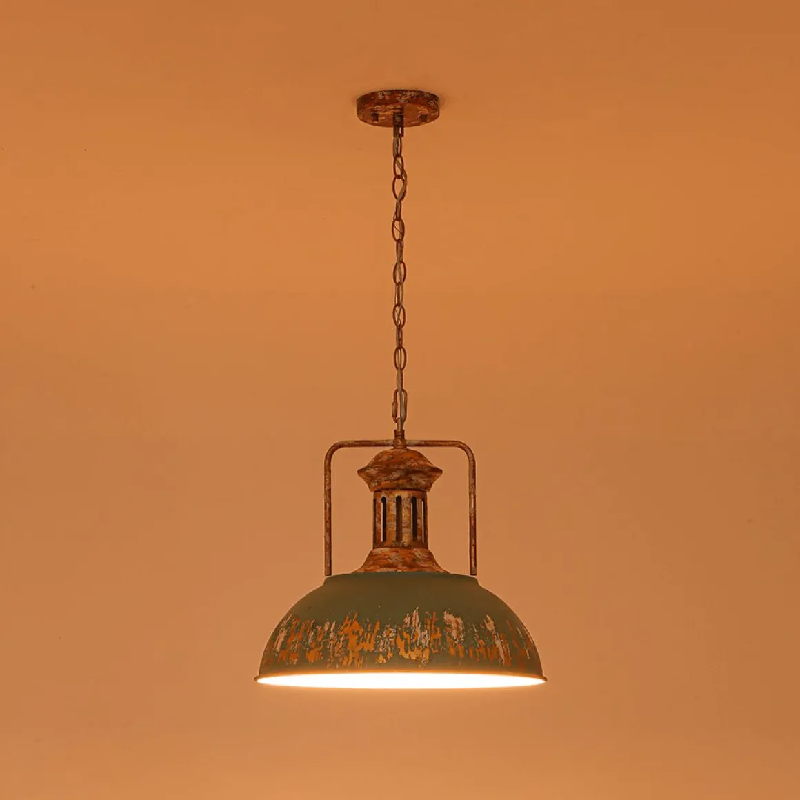 Industrial Farmhouse Distressed Teal Gold Metal Dome Pendant