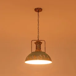 Industrial Farmhouse Distressed Teal Gold Metal Dome Pendant