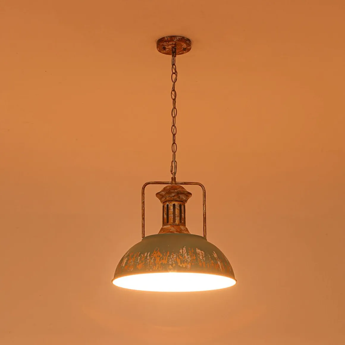 Industrial Farmhouse Distressed Teal Gold Metal Dome Pendant