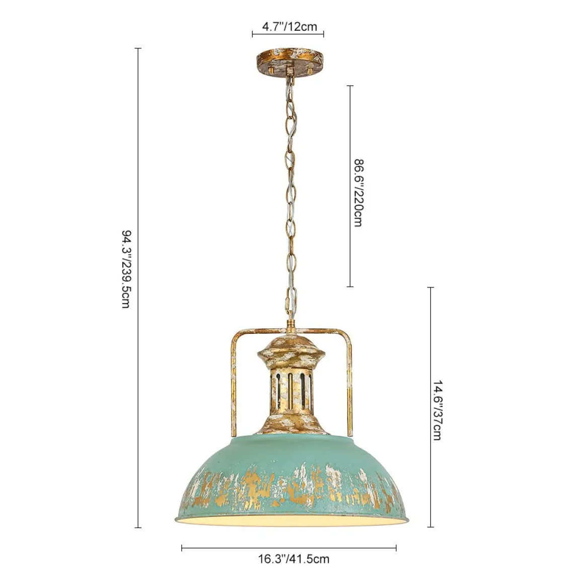 Industrial Farmhouse Distressed Teal Gold Metal Dome Pendant