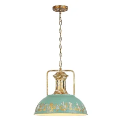 Industrial Farmhouse Distressed Teal Gold Metal Dome Pendant