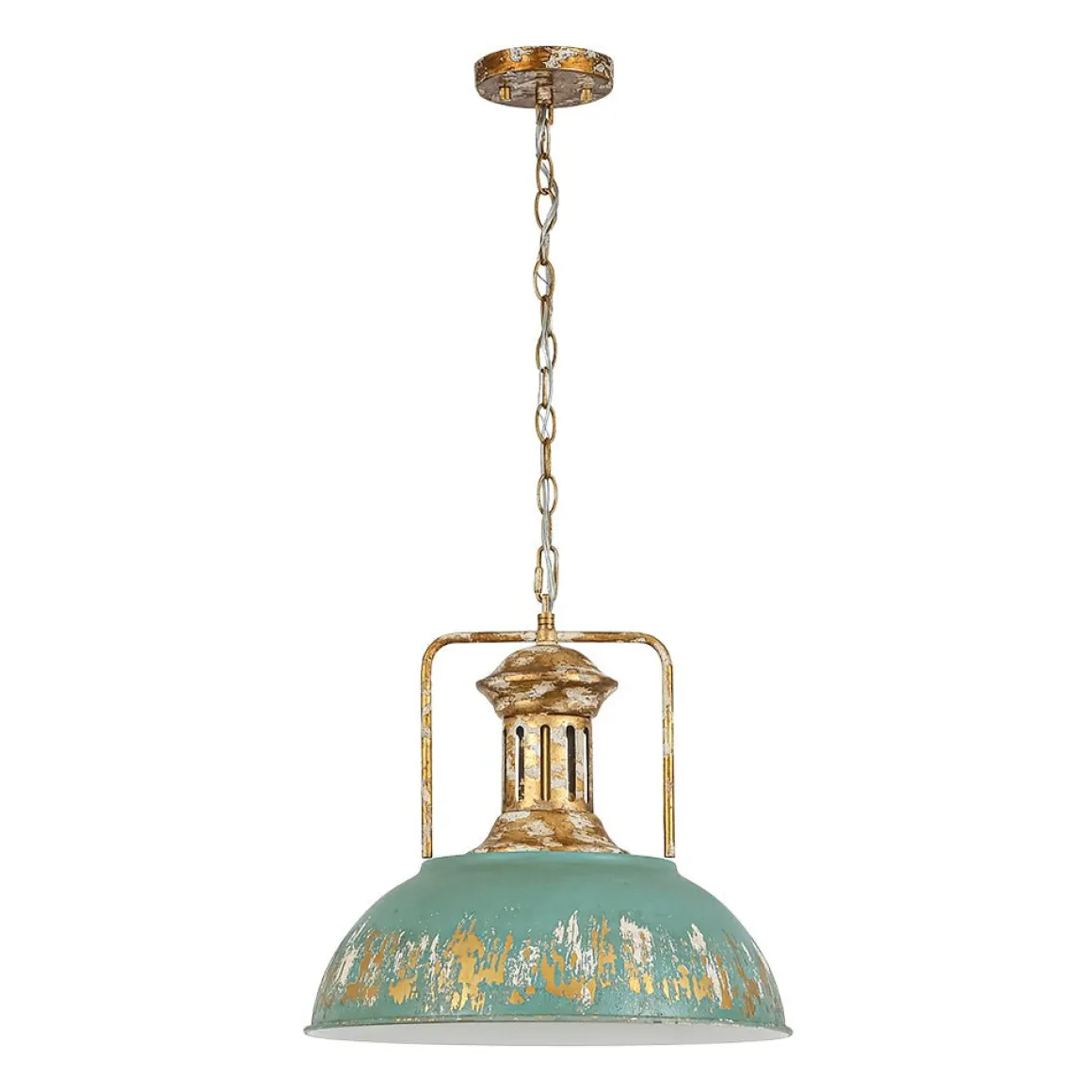 Industrial Farmhouse Distressed Teal Gold Metal Dome Pendant