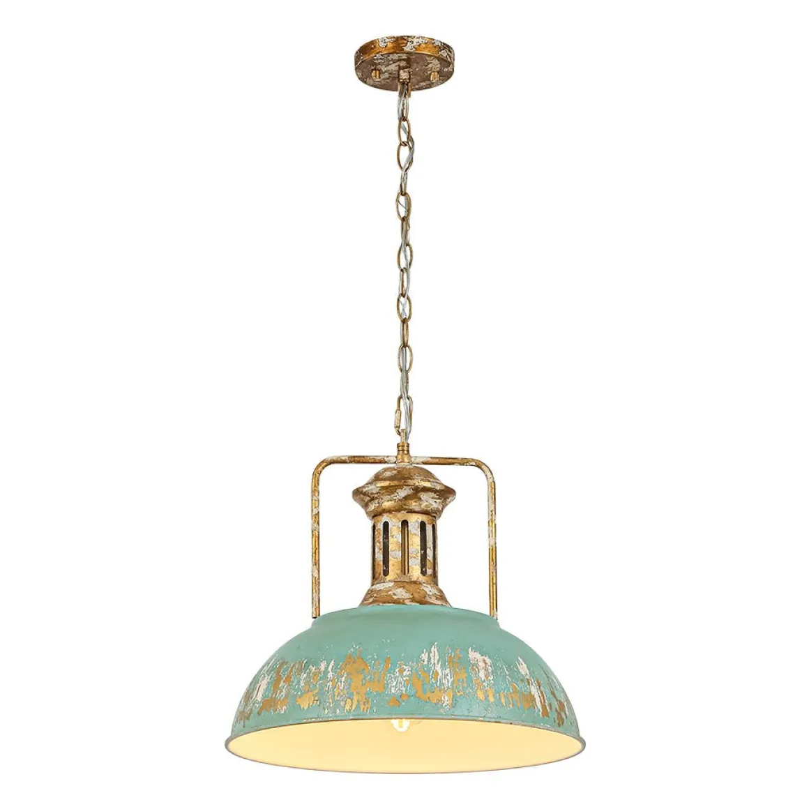Industrial Farmhouse Distressed Teal Gold Metal Dome Pendant