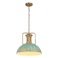 Industrial Farmhouse Distressed Teal Gold Metal Dome Pendant