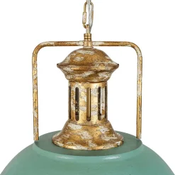 Industrial Farmhouse Distressed Teal Gold Metal Dome Pendant