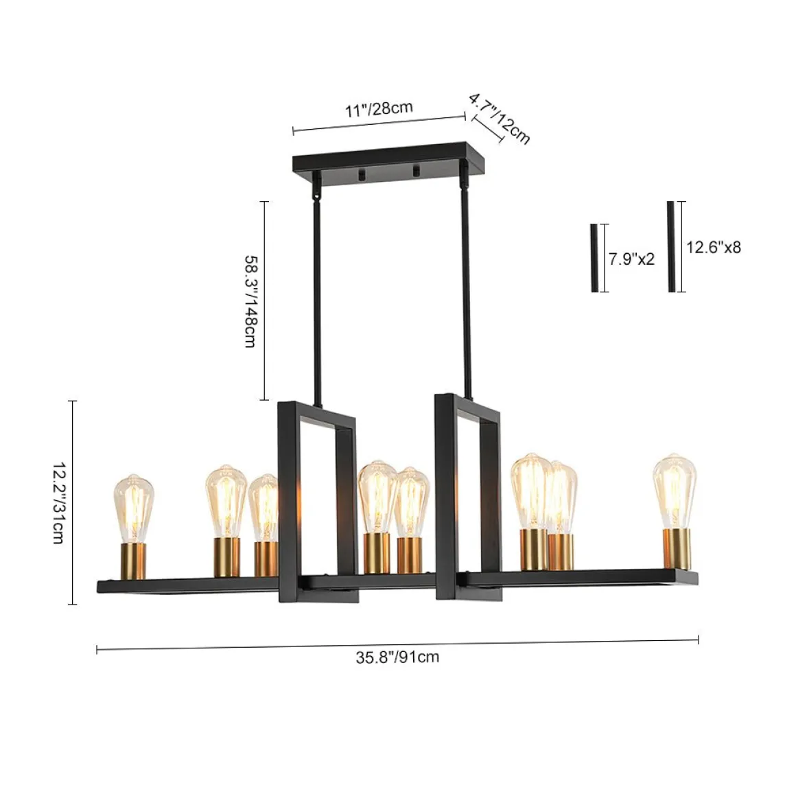 Industrial 8-Light Rectangular Kitchen Island Chandelier
