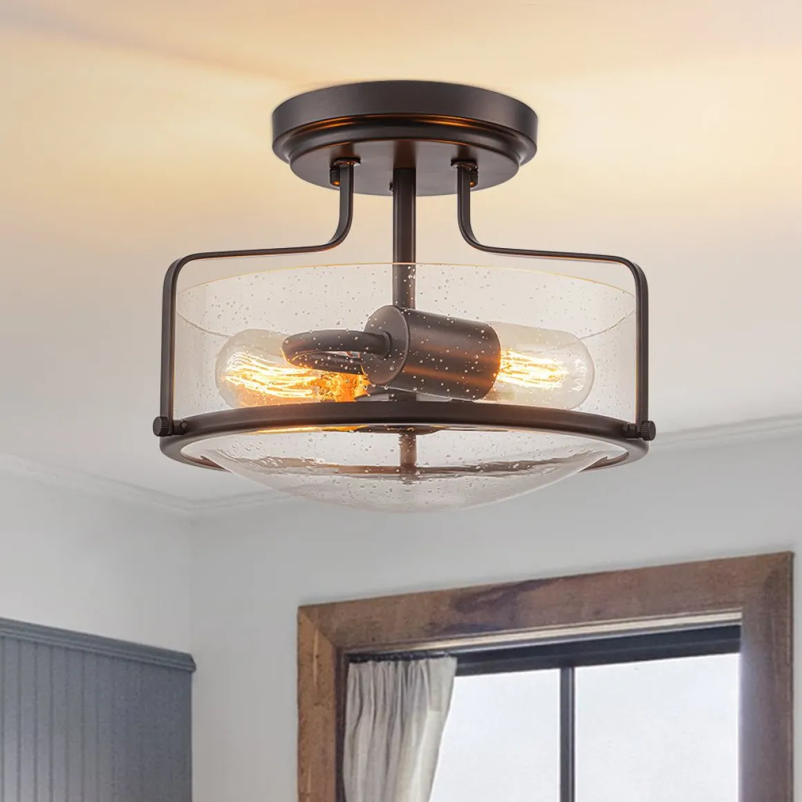 Industrial Round Seeded Glass Semi Flush Mount Light