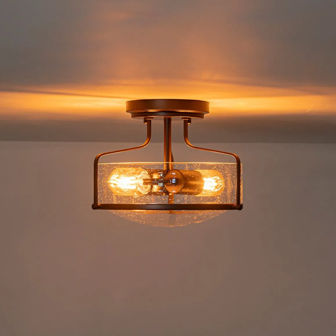Industrial Round Seeded Glass Semi Flush Mount Light