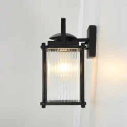 IP23 Black Ribbed Glass Square Outdoor Wall Lantern
