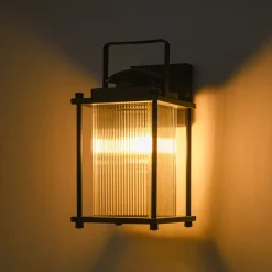 IP23 Black Ribbed Glass Square Outdoor Wall Lantern