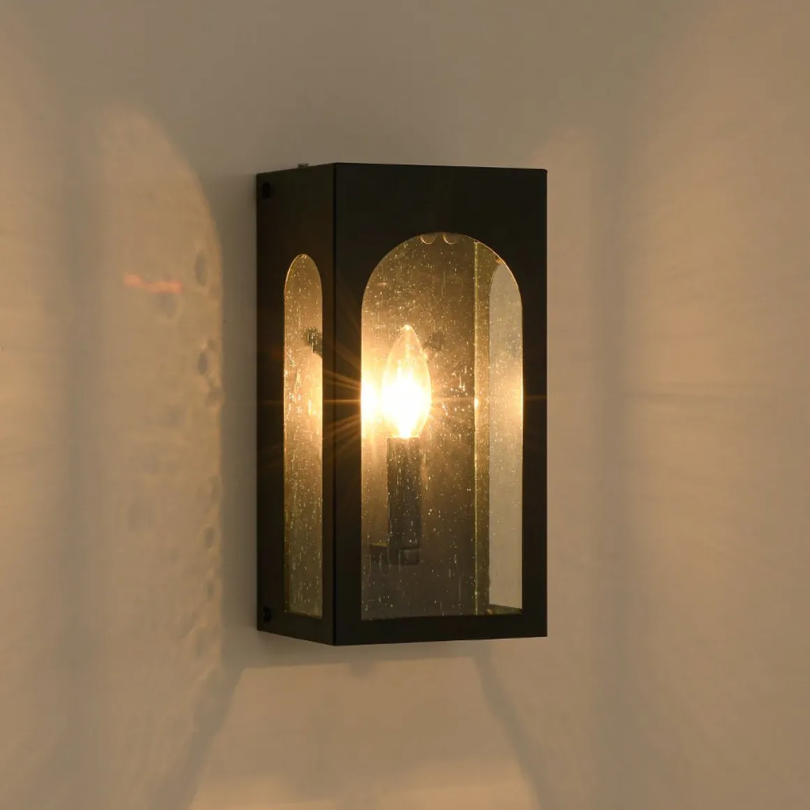 IP23 Black Seeded Glass Square Box Outdoor Wall Lantern