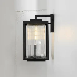 IP23 1-Light Black Ribbed Glass Outdoor Wall Lantern
