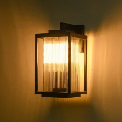 IP23 1-Light Black Ribbed Glass Outdoor Wall Lantern