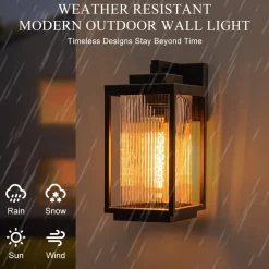 IP23 1-Light Black Ribbed Glass Outdoor Wall Lantern