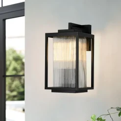 IP23 1-Light Black Ribbed Glass Outdoor Wall Lantern