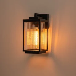 IP23 1-Light Black Ribbed Glass Outdoor Wall Lantern