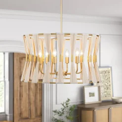 Ivory Woven Brass Open Drum Pendant Light