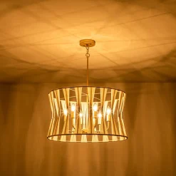 Ivory Woven Brass Open Drum Pendant Light