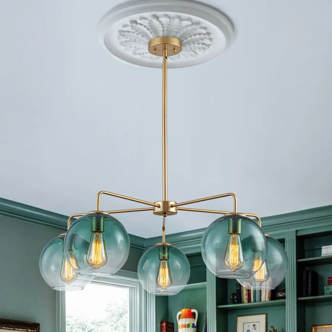 Lake House Green Glass Globe 5-Light Round Sputnik Chandelier
